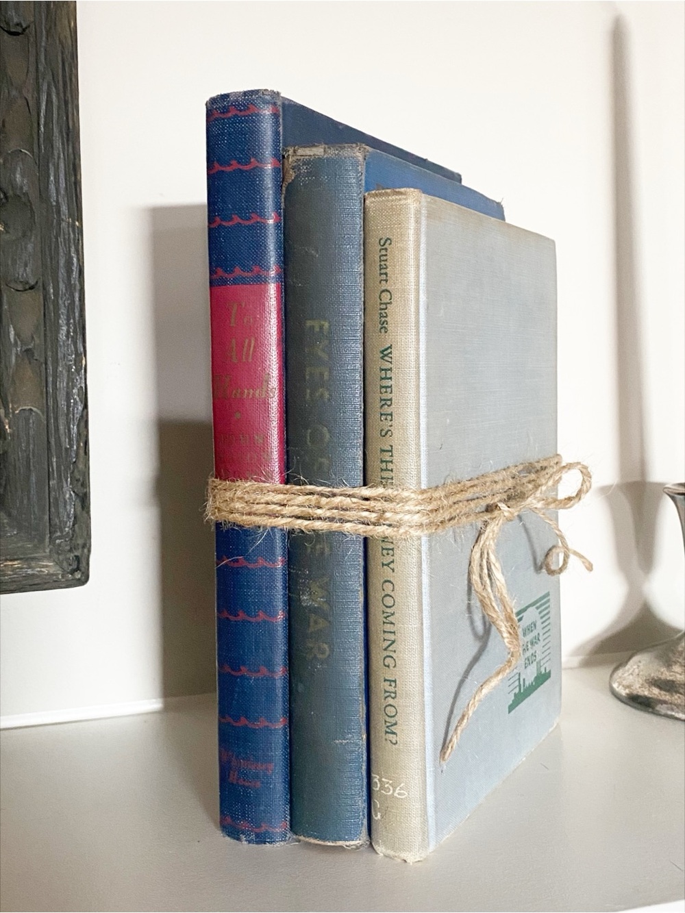 Vintage Stack of Three Blue Decorative Books with Twine